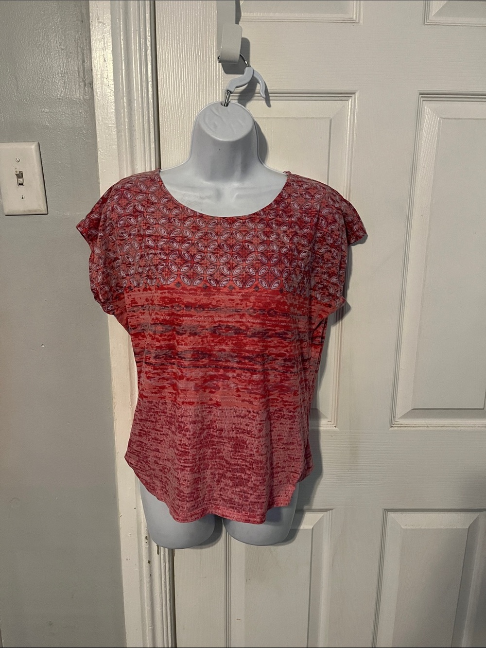 Prana Harlene Salmon Pink Dolman Sleeve Geo Print and Stripe Top